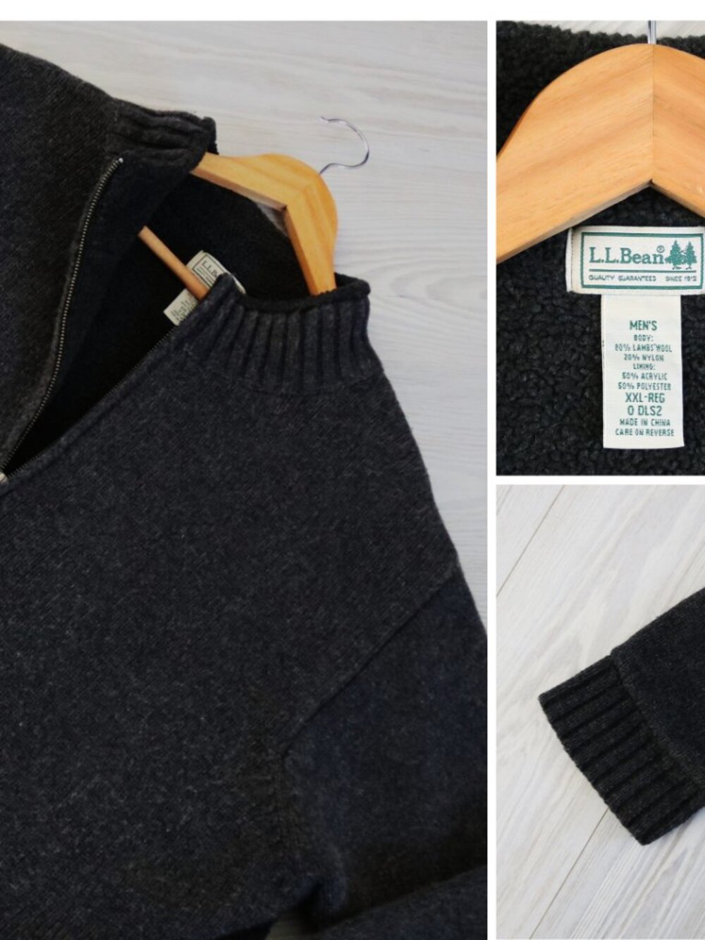 LL Bean LambsWool Sweater Men's 2XL Charcoal Gorpcore Sherpa Lined Knit Full Zip